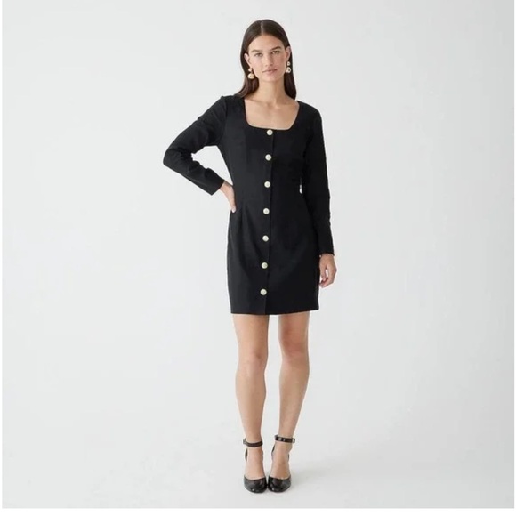 J Crew Long Sleeve Button Mini Dress Black Linen Blend Square Neck size 12 - Picture 5 of 8